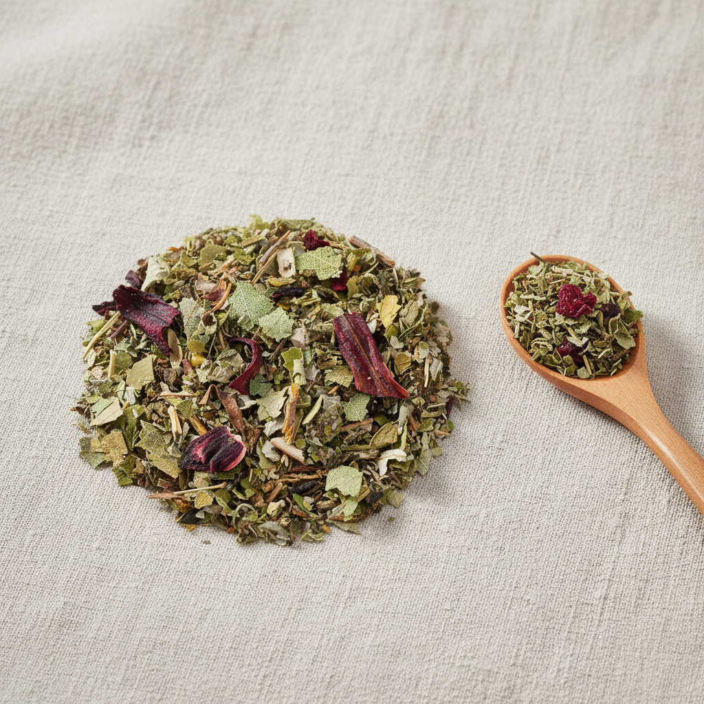 Tisane groseille plantes bienfaisantes en vrac sur lin avec cuillère en bois - Élan du Matin Thélindra