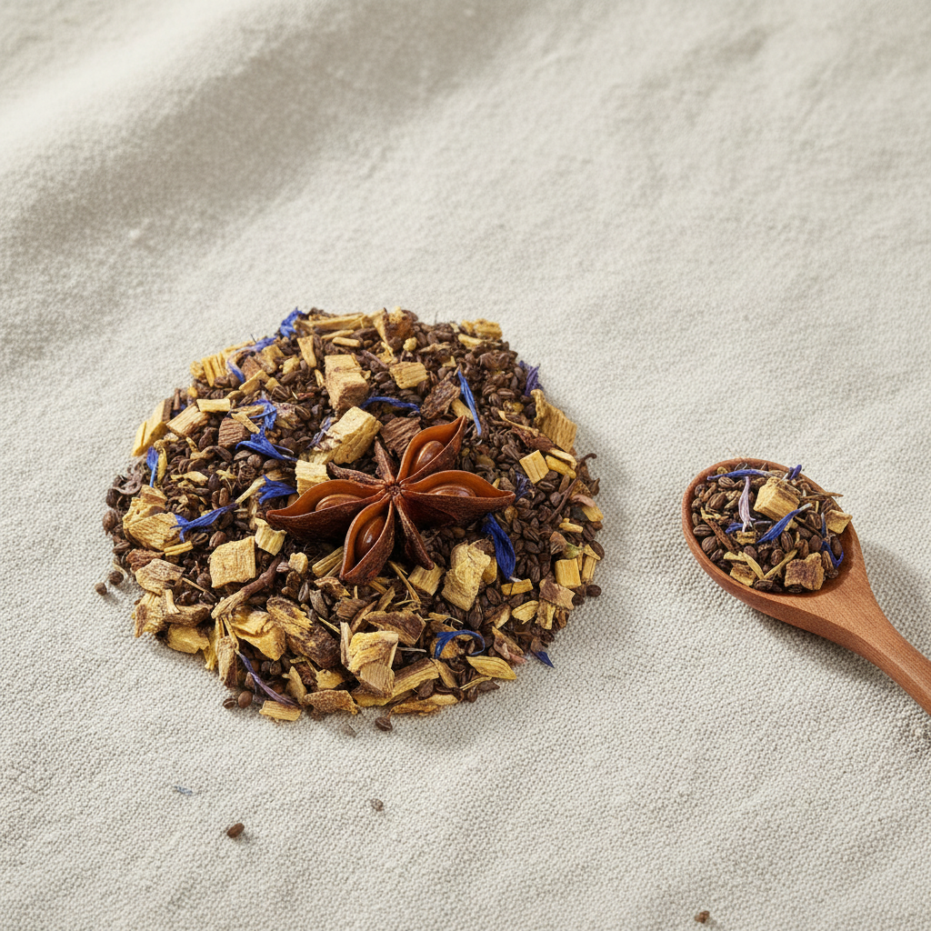 Tisane anis réglisse en vrac sur lin avec cuillère en bois - Sérénité Intérieure Thélindra