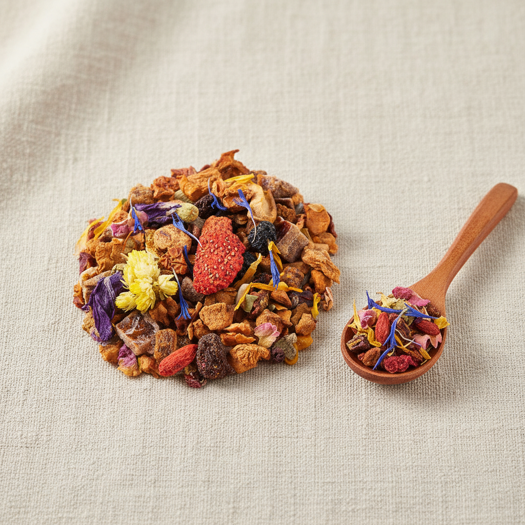 Tisane florale fruits fleurs en vrac sur lin avec cuillère en bois - Velours Floral Thélindra