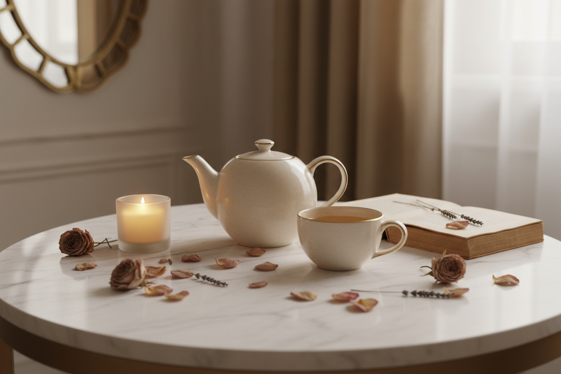 Théière et tasse de thé avec bougie et pétales de rose - Pause thé rituel Thélindra