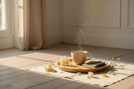  Tasse de thé fumante le matin avec carnet et fleurs séchées - Rituel du matin Thélindra