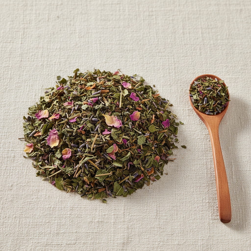 Tisane plantes apaisantes en vrac sur lin avec cuillère en bois - Caresse du Soir Thélindra