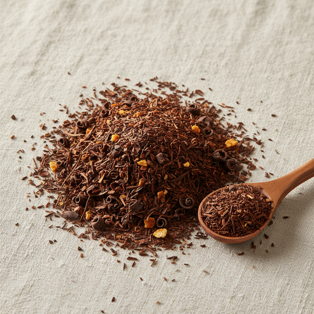 Rooïbos chocolat orange en vrac sur lin avec cuillère en bois - Douceur d'Enfance Thélindra