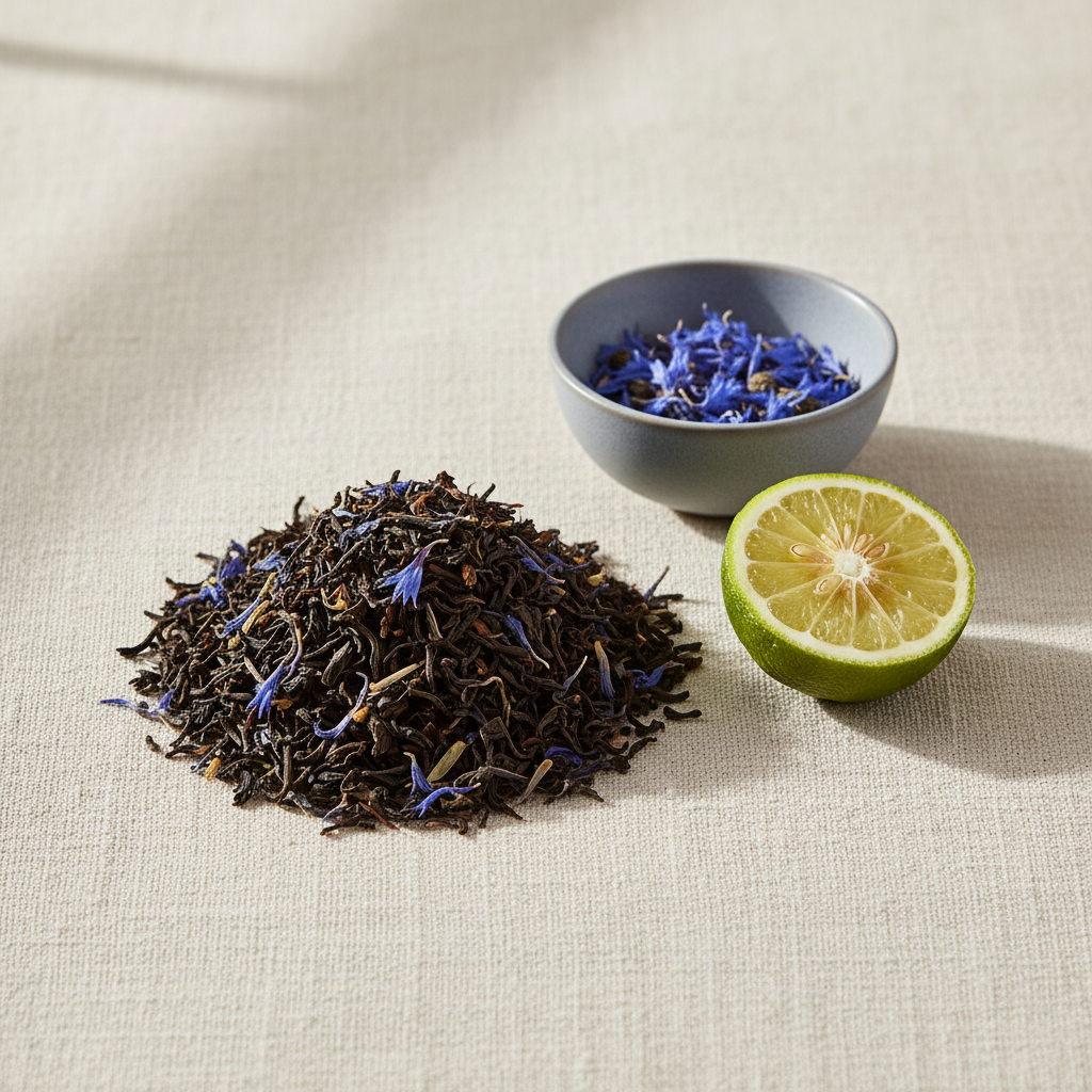 Ambiance thé noir Earl Grey bergamote fleurs de bleuet - Éclat de Bergamote Thélindra