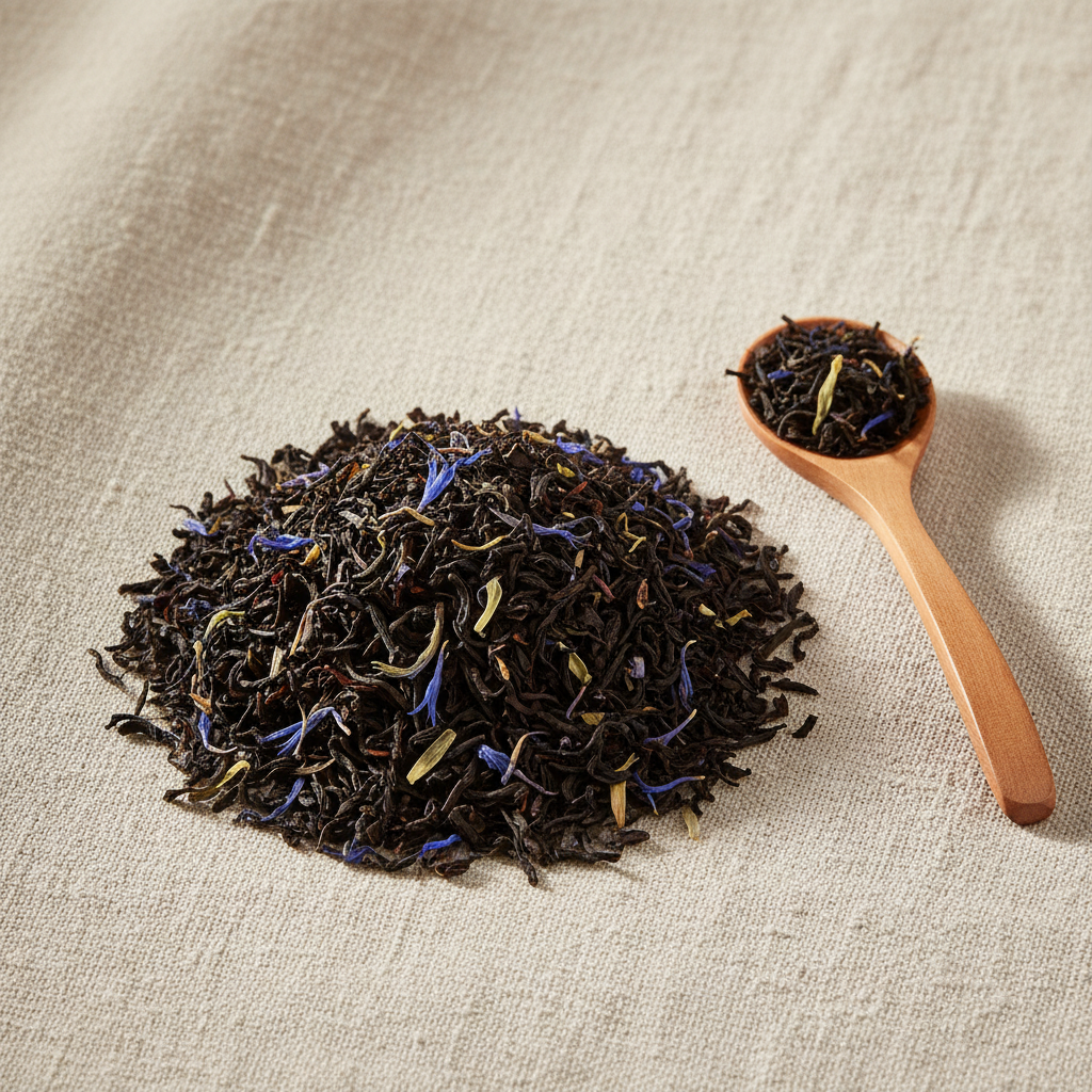 Thé noir Earl Grey bergamote bleuets en vrac sur lin avec cuillère en bois - Éclat de Bergamote Thélindra