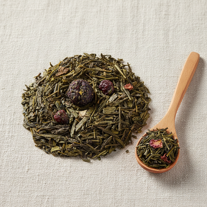 Thé vert cerise en vrac sur lin avec cuillère en bois - Éveil des Fleurs Thélindra