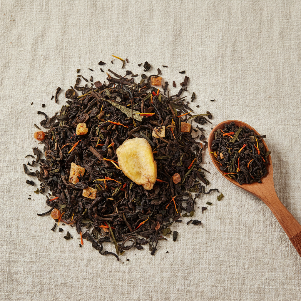 Thé Pu Erh fruits exotiques en vrac sur lin avec cuillère en bois - Jungle d'Opulence Thélindra