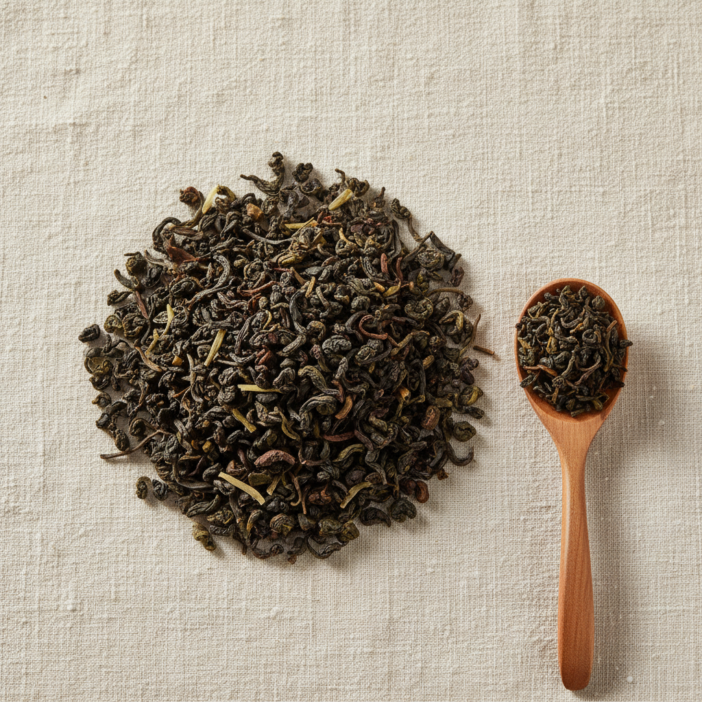 Thé Oolong vanille douce en vrac sur lin avec cuillère en bois - Nuage Soyeux Thélindra