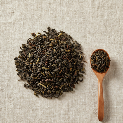 Thé Oolong vanille douce en vrac sur lin avec cuillère en bois - Nuage Soyeux Thélindra