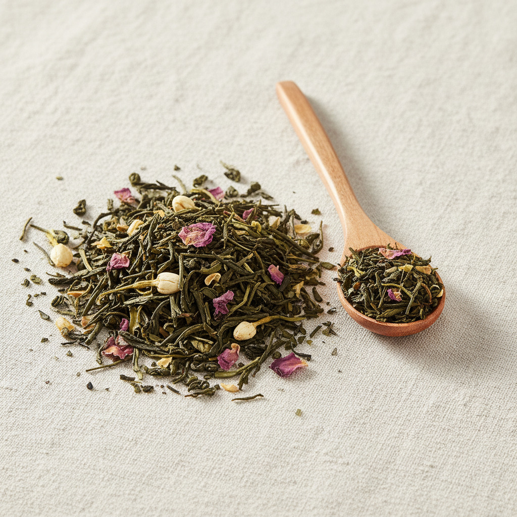 Thé vert jasmin rose litchi en vrac sur lin avec cuillère en bois - Parfum d'Orient Thélindra
