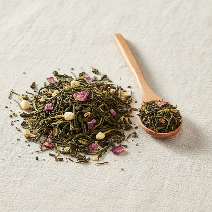 Thé vert jasmin rose litchi en vrac sur lin avec cuillère en bois - Parfum d'Orient Thélindra