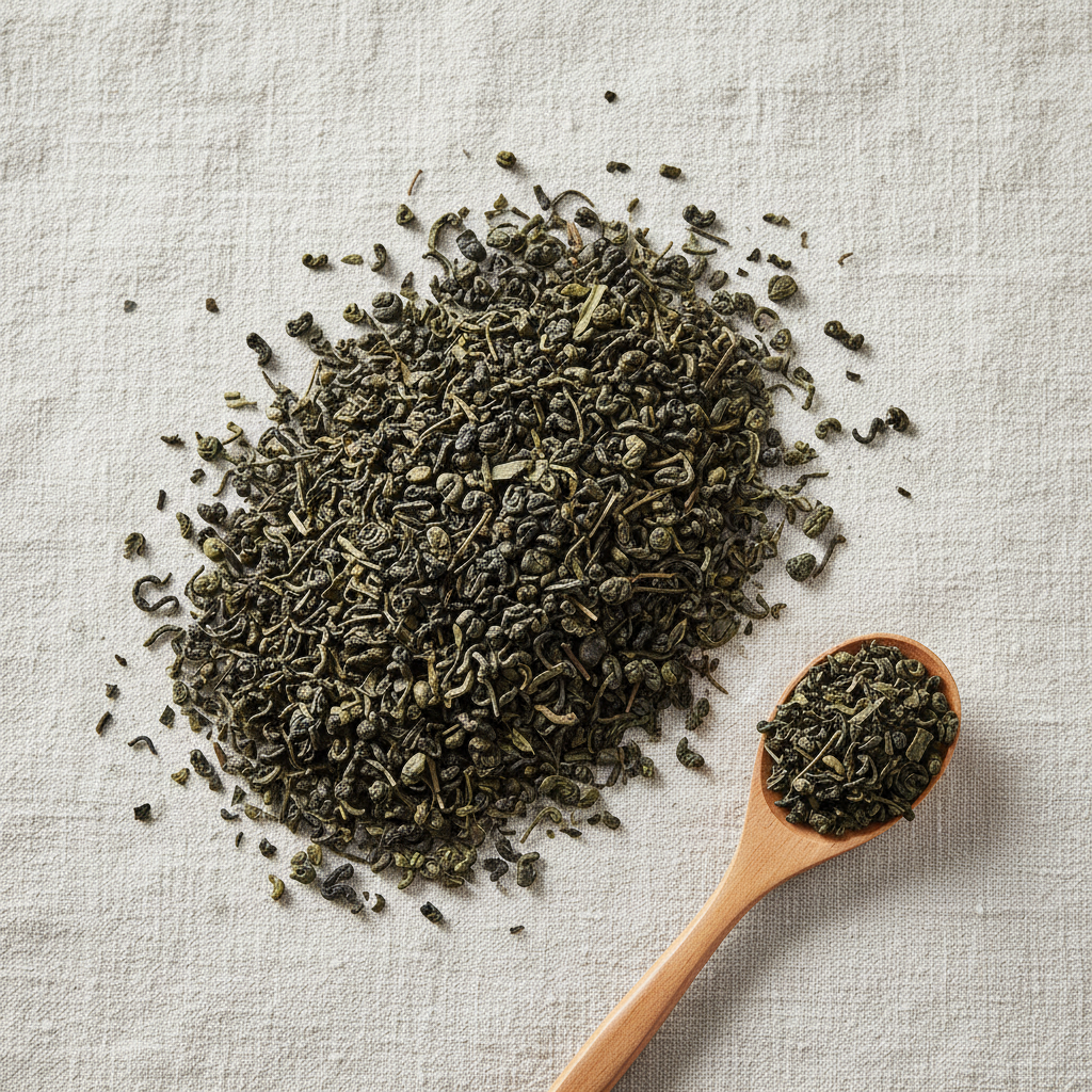 Thé vert menthe poivrée Gunpowder en vrac sur lin avec cuillère en bois - Perle du Maroc Thélindra